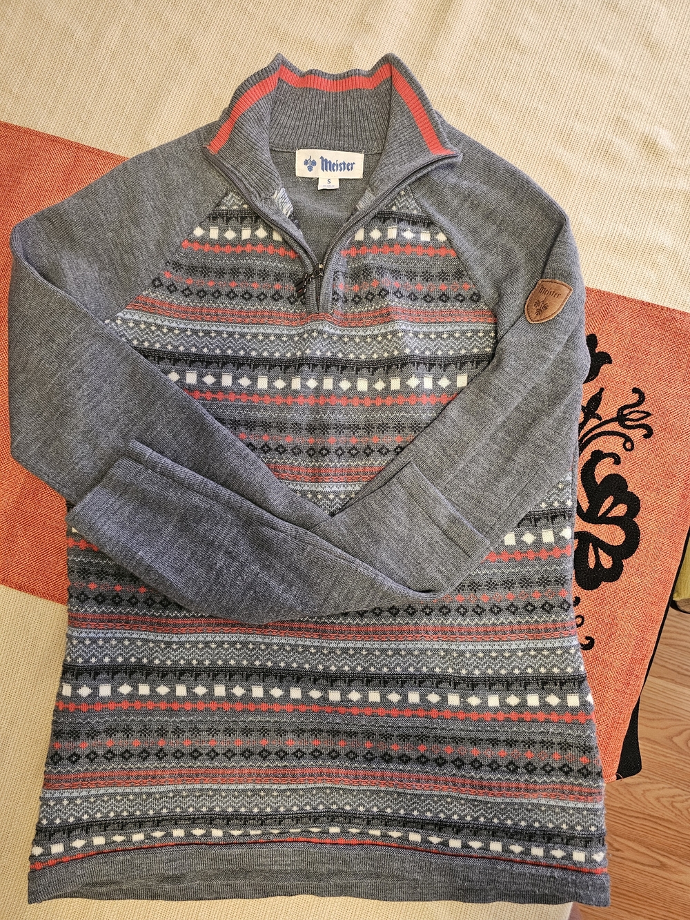 Meister Women's Gray V-Neck Fair Isle Sweater with Red Accents